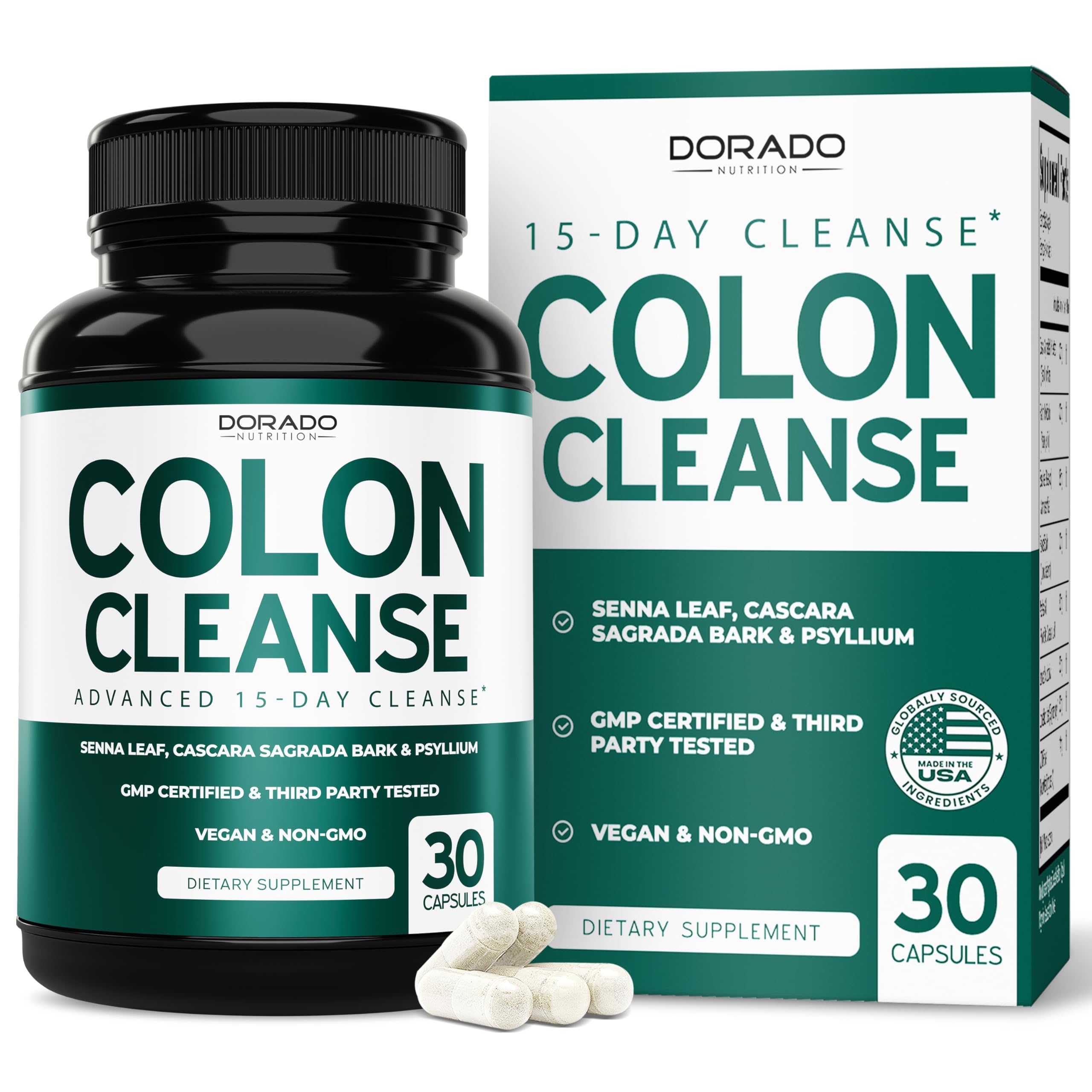DORADO NUTRITION Colon Cleanse frente al bote, apoyo suave para la digestión diaria.