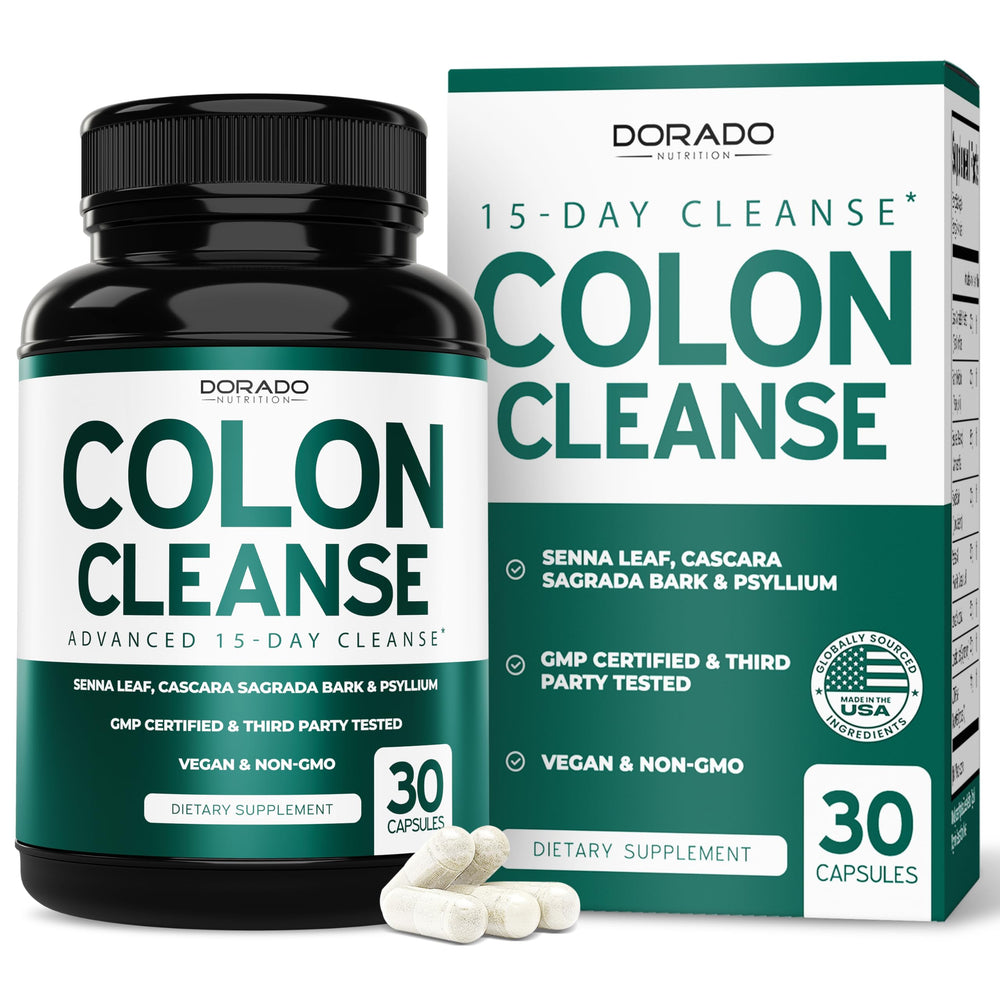 DORADO NUTRITION Colon Cleanse frente al bote, apoyo suave para la digestión diaria.