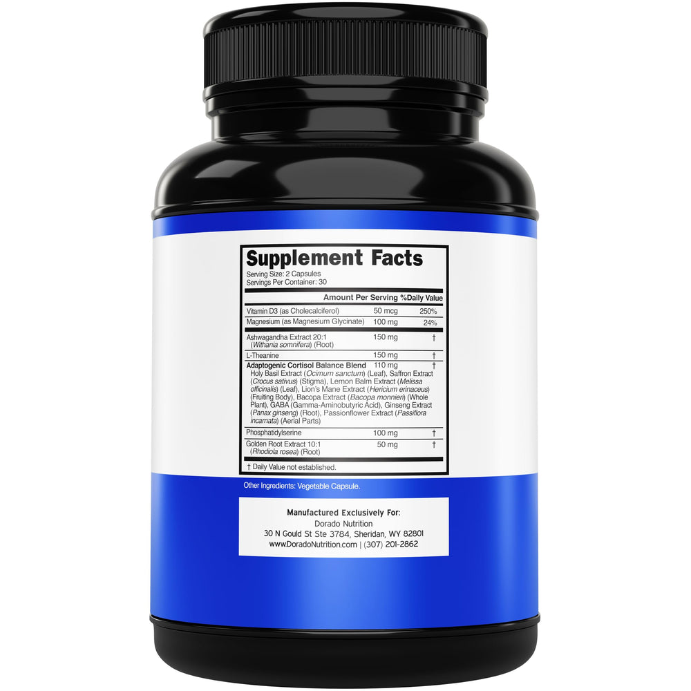 DORADO NUTRITION cortisol capsules closeup, daily wellness support