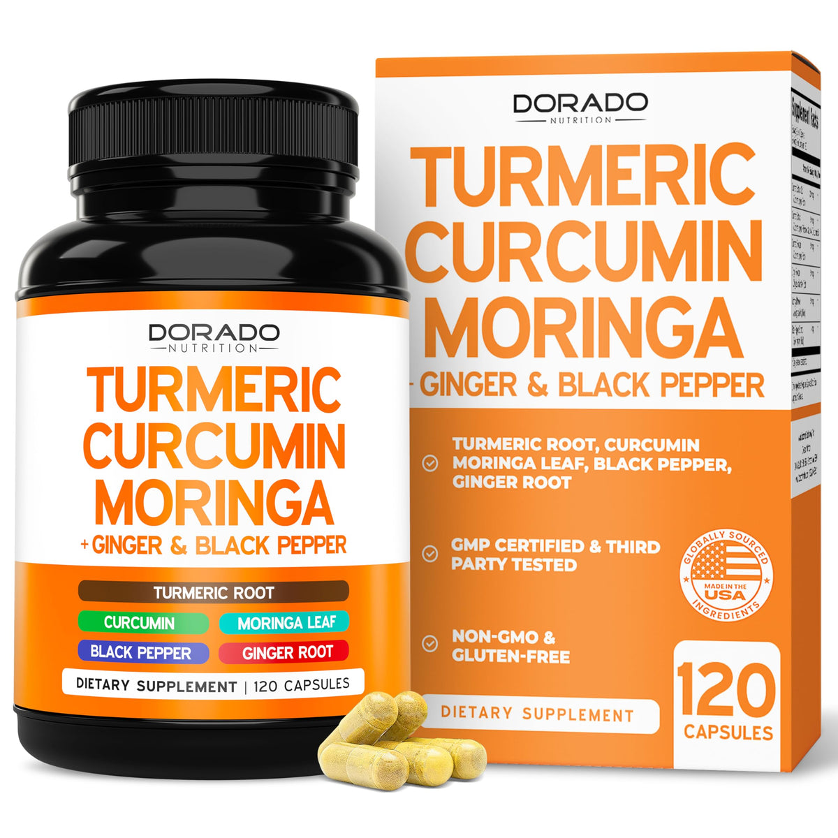 DORADO NUTRITION Curcuma cápsulas, frasco de 120 cápsulas para apoyo al bienestar diario.