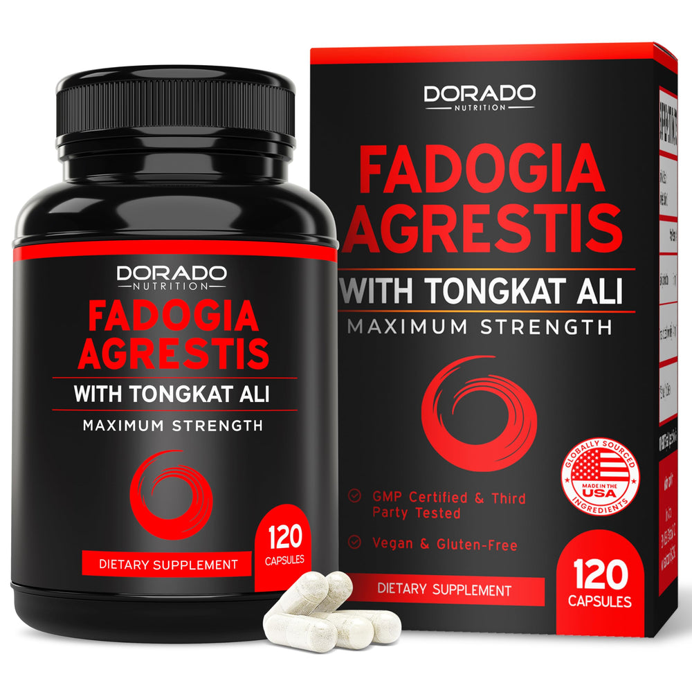 Dorado Nutrition Fadogia-Tongkat bottle pour showcases endurance support potential.