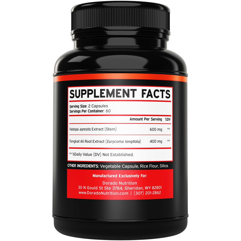 Dorado Nutrition Fadogia Tongkat capsules closeup highlights convenient daily performance supplement.