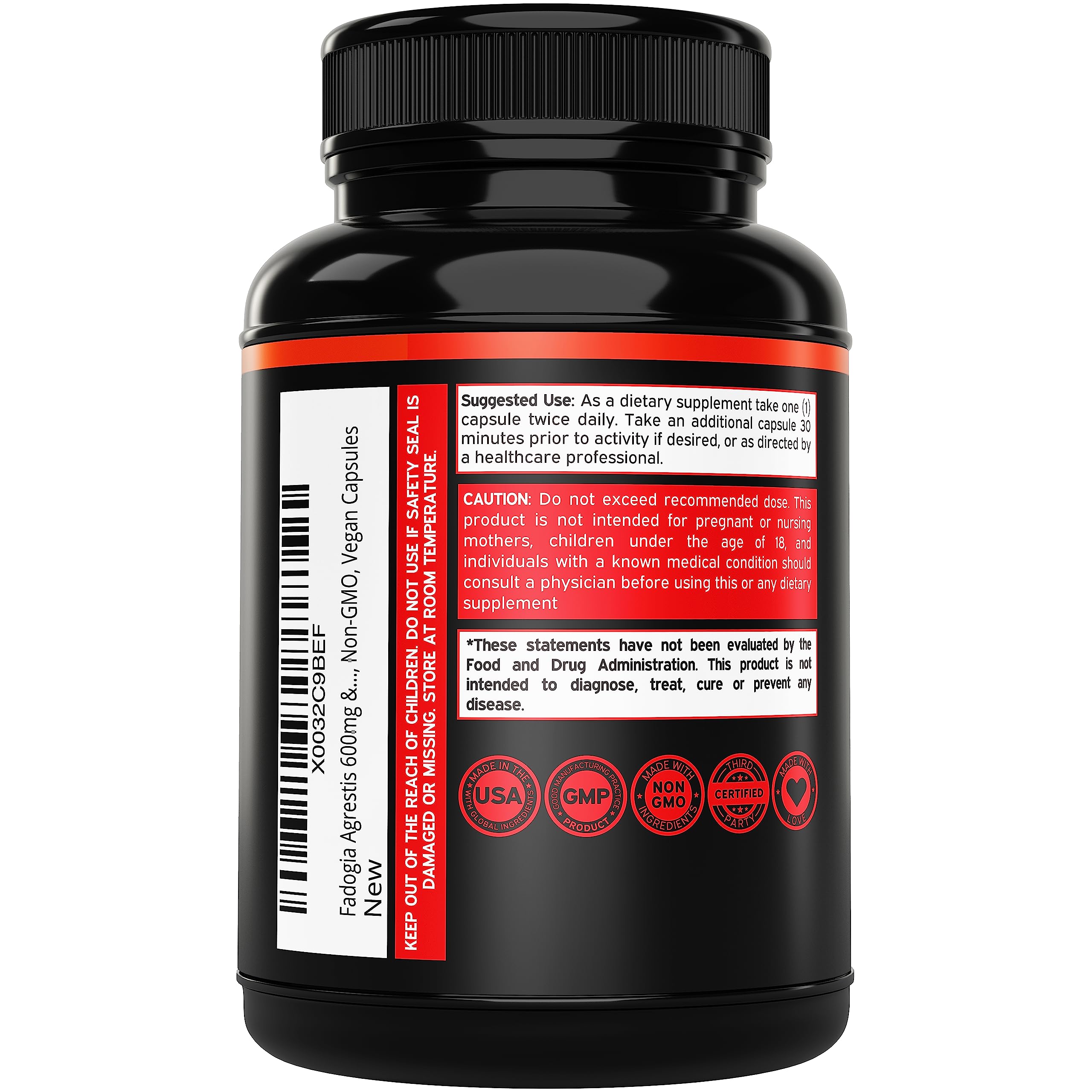 Dorado Nutrition Fadogia-Tongkat label front signals USA-made quality and GMP standards.