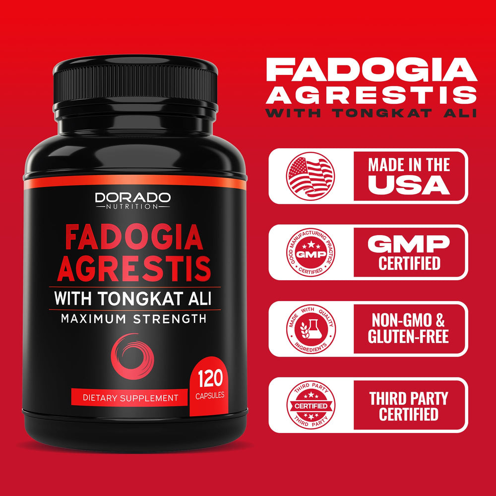Dorado Nutrition Fadogia-Tongkat vegan gluten-free badge highlights inclusive dietary options.