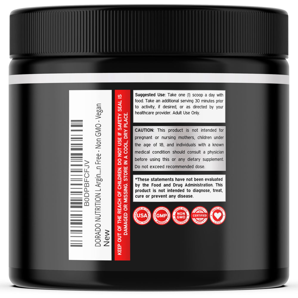 Dorado Nutrition L-Arginine L-Citrulline powder closeup on label highlighting ingredients.