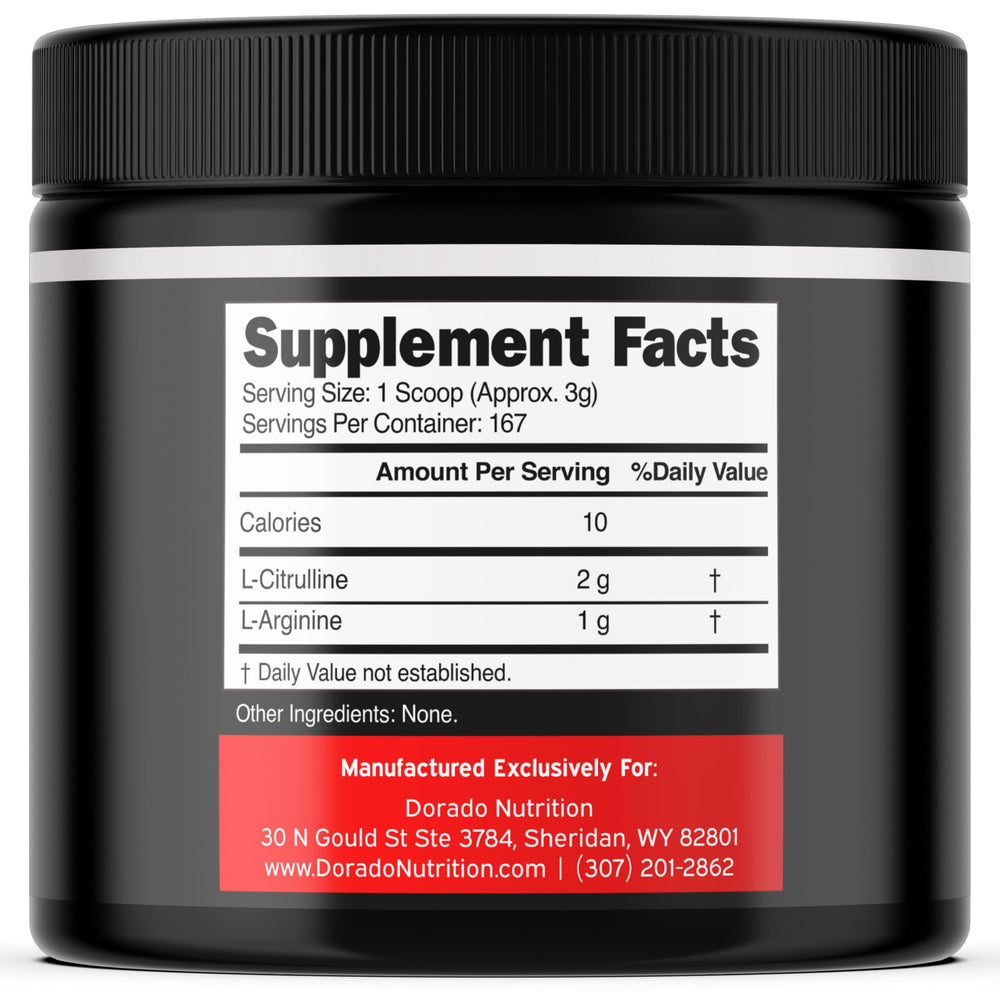Dorado Nutrition L-Arginine L-Citrulline powder scoop showing easy mixing for steady energy.