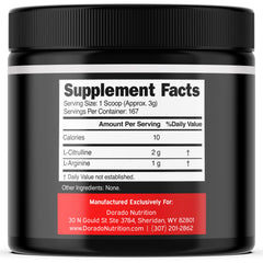 Dorado Nutrition L-Arginine L-Citrulline powder scoop showing easy mixing for steady energy.