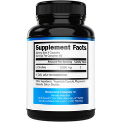 Close-up of Dorado Nutrition L-Citrulline capsules highlighting vegan, non-GMO formula.