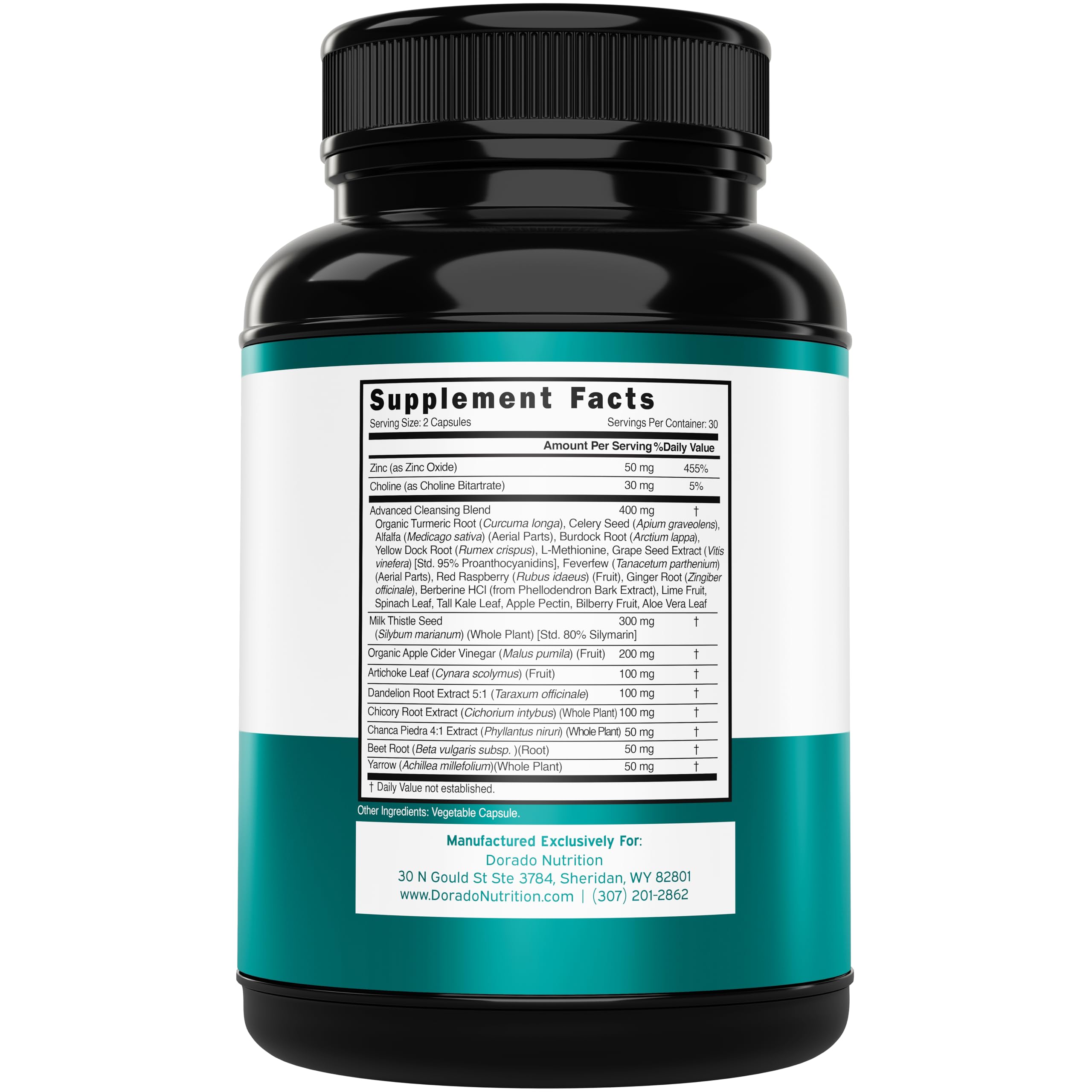 Dorado Nutrition Liver Cleanse bottle label close-up highlighting milk thistle and turmeric.