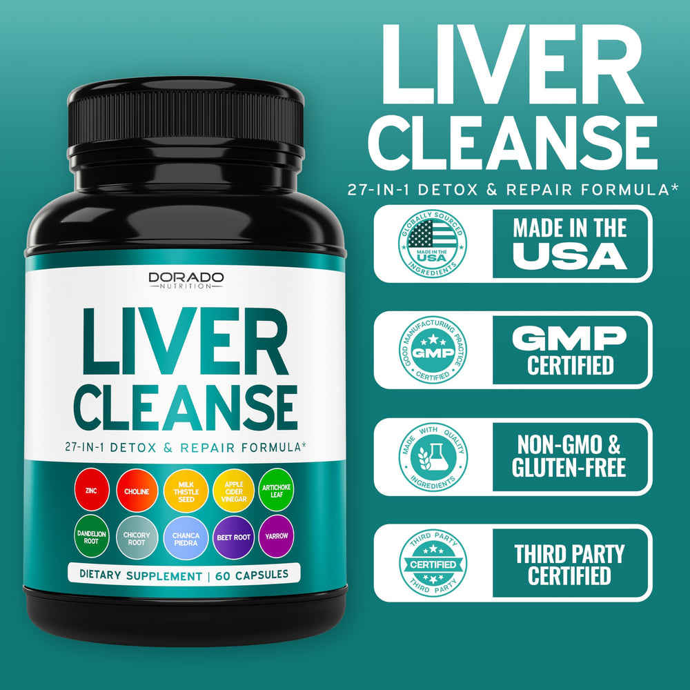 Dorado Nutrition Liver Cleanse ingredients image shows artichoke, milk thistle, and dandelion.