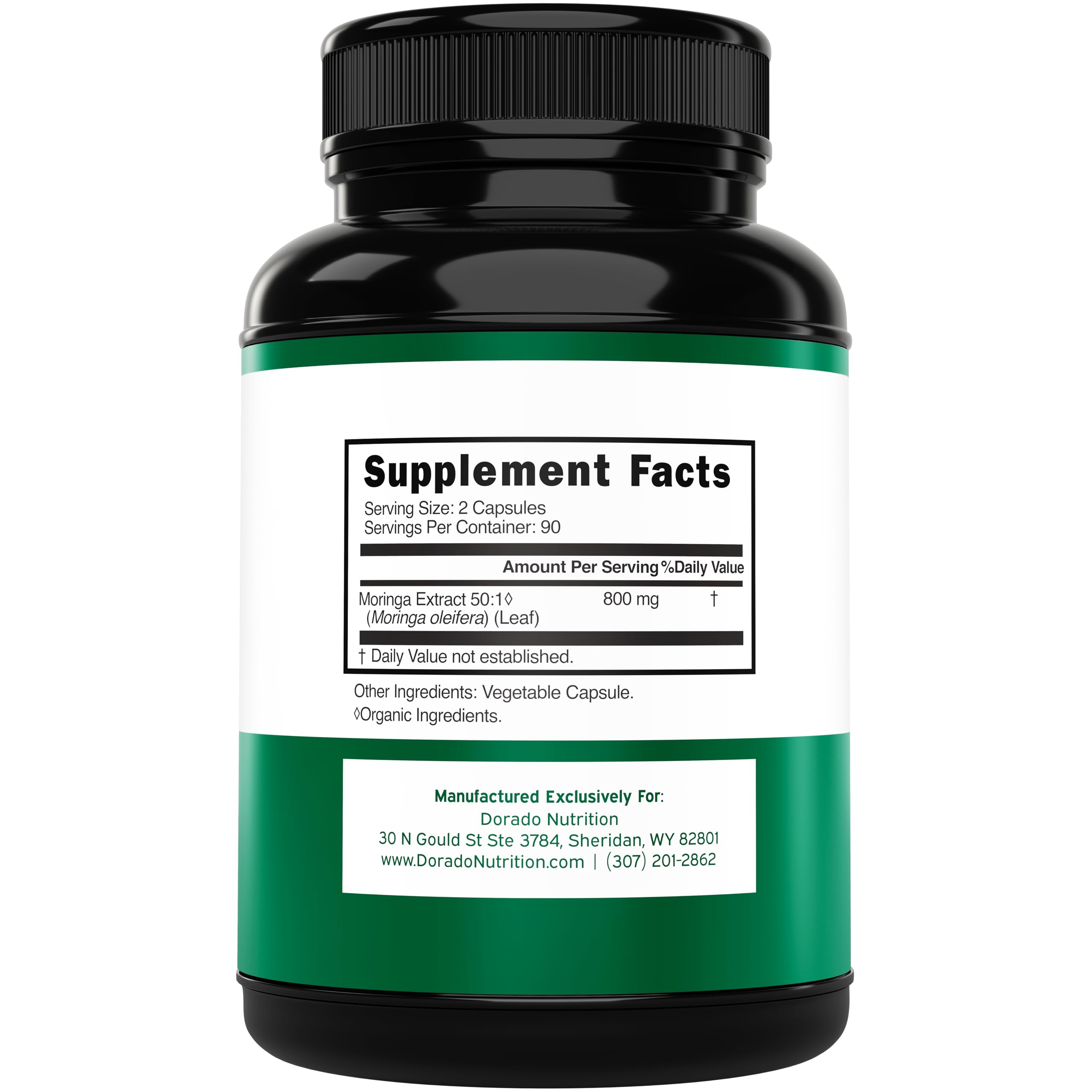 Frasco de Dorado Nutrition Moringa con etiqueta orgánica.