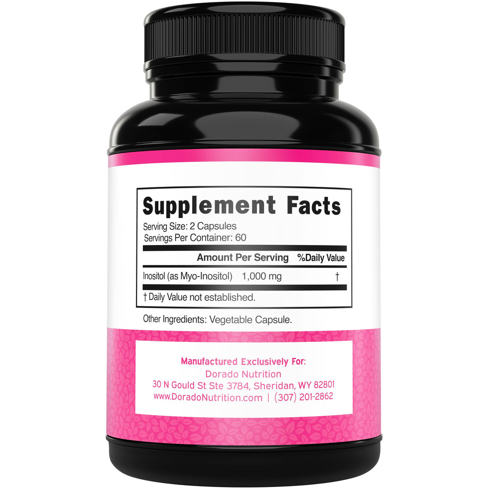 Dorado Nutrition Myo-Inositol bottle side label showcases vegan, gluten-free formula.