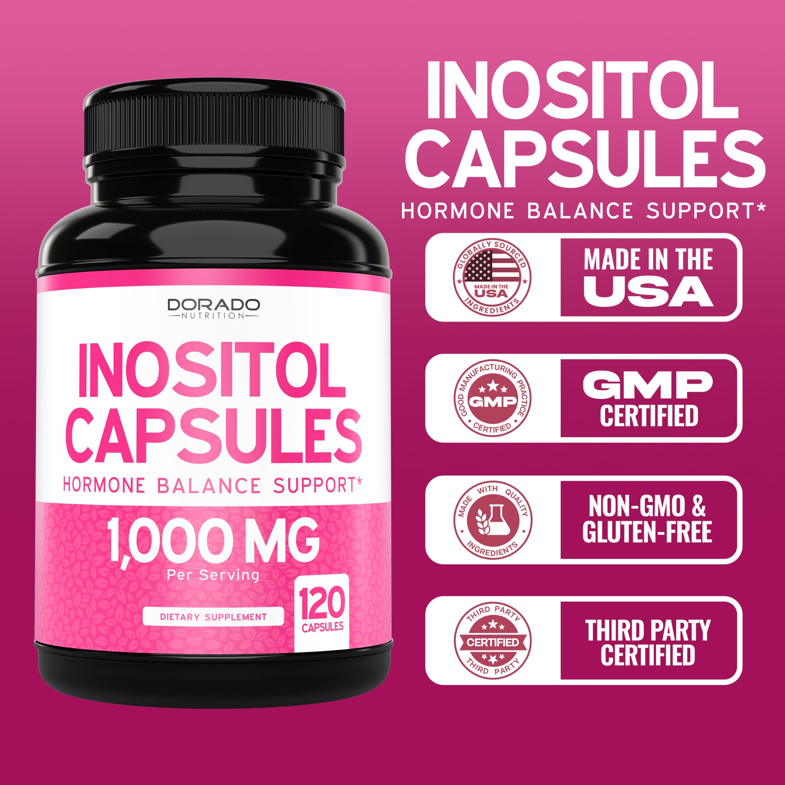 Dorado Nutrition Myo-Inositol capsules close-up highlights clean, GMO-free formula.