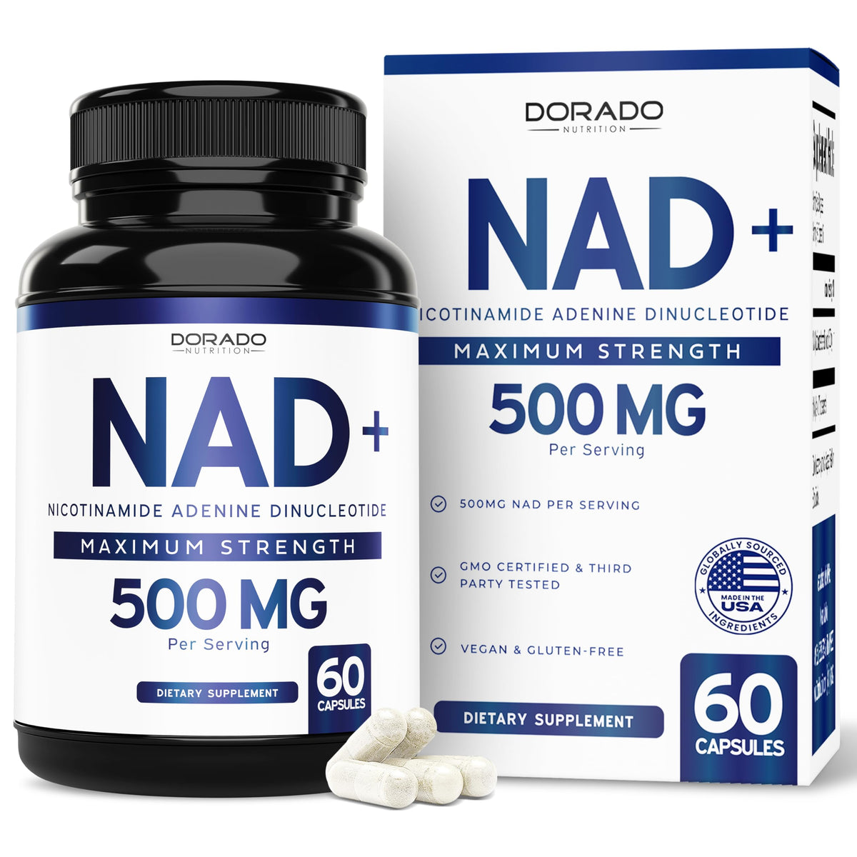 Dorado Nutrition NAD supplement bottle shows 500mg NAD+ energy support.