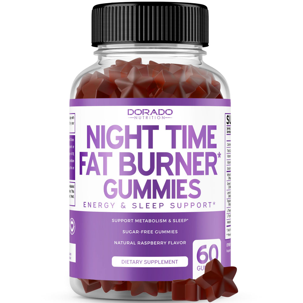 Dorado Nutrition Night Time Fat Burner Gummies bottle on nightstand supports restful evenings.