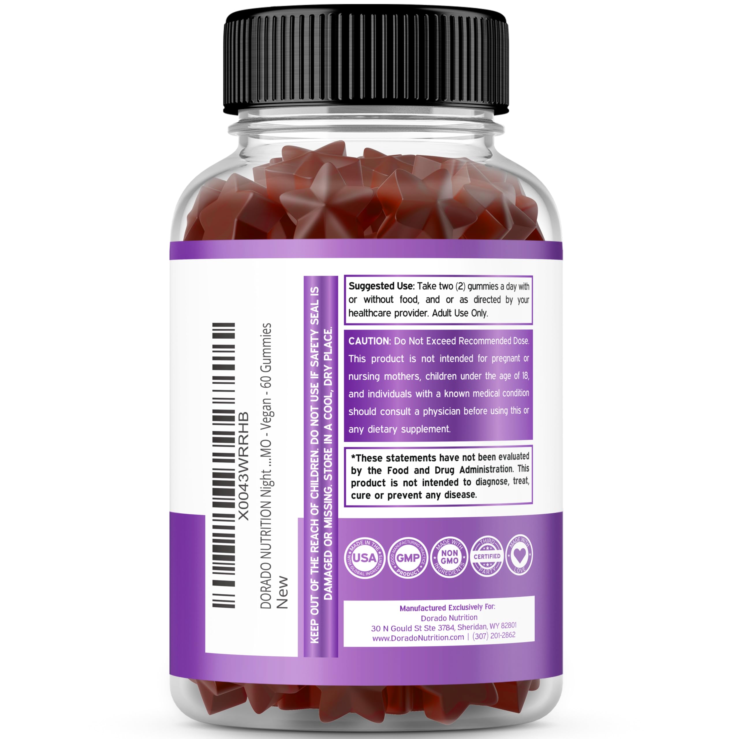 Dorado Nutrition Night Time Fat Burner Gummies label shows vegan, sugar-free formula.