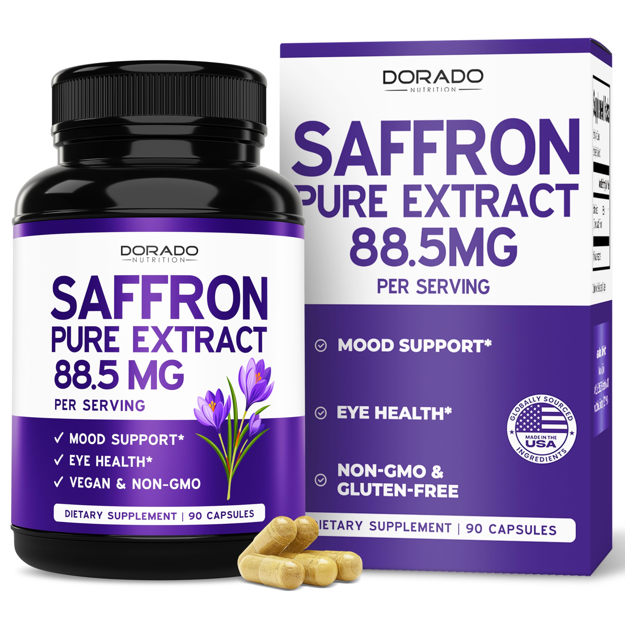 Dorado Nutrition saffron capsules bottle front, convenient daily mood and energy support.