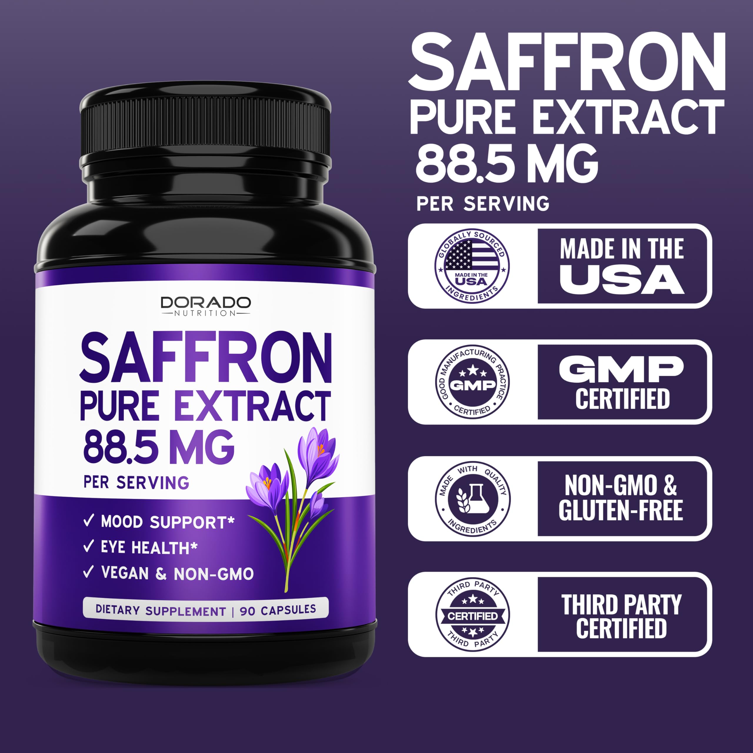 Dorado Nutrition saffron capsules third-party testing seal signals quality you can trust.