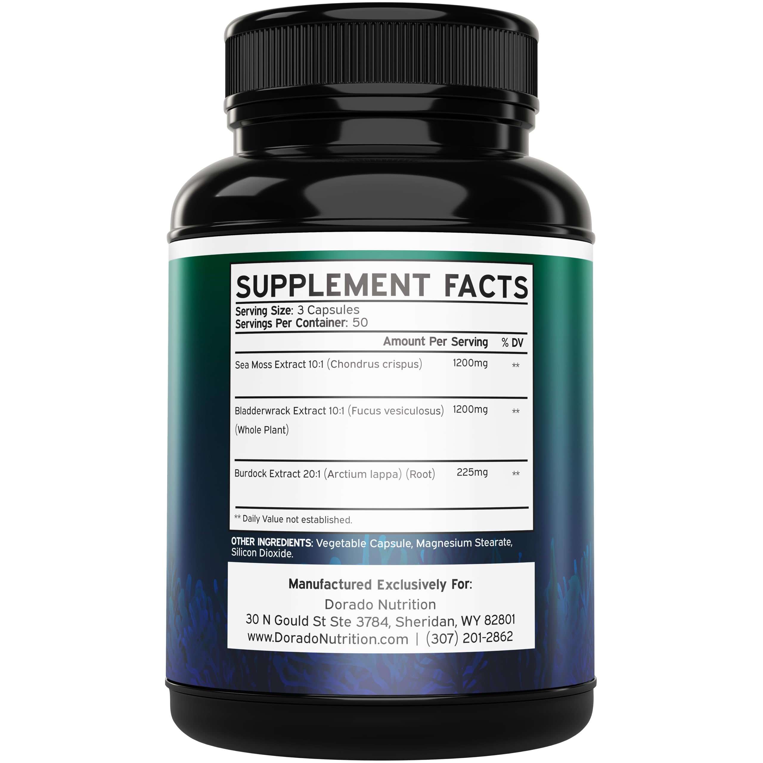 Dorado Nutrition sea moss capsules closeup showing vegan pills for convenience.