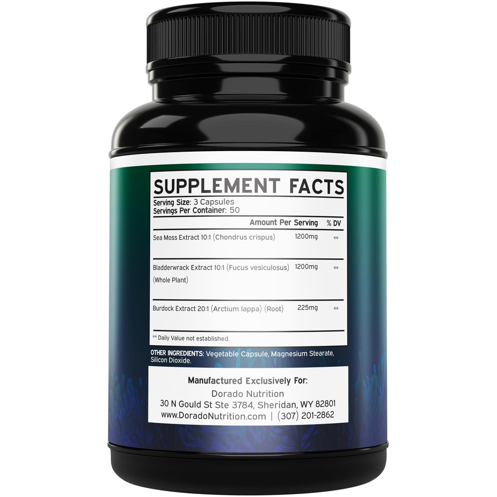 Dorado Nutrition sea moss capsules closeup showing vegan pills for convenience.