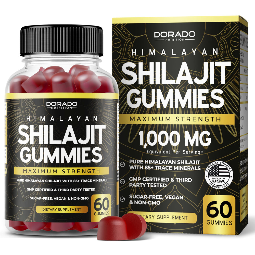 Botella de Dorado Nutrition Shilajit Gummies, ideal para energía diaria.