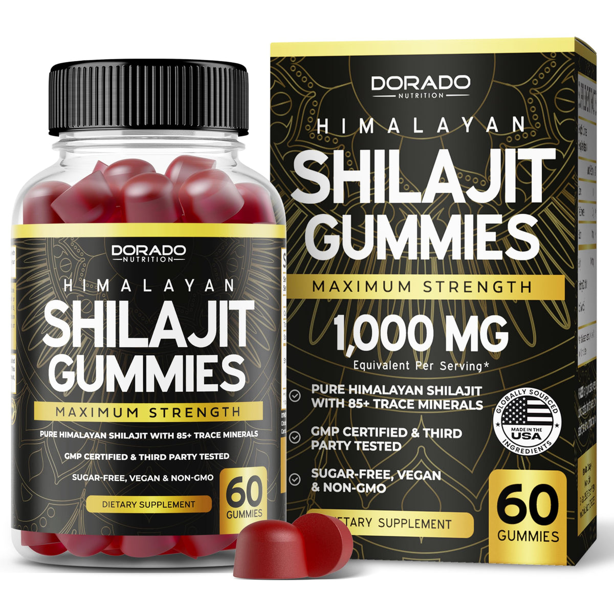 Botella de Dorado Nutrition Shilajit Gummies, ideal para energía diaria.