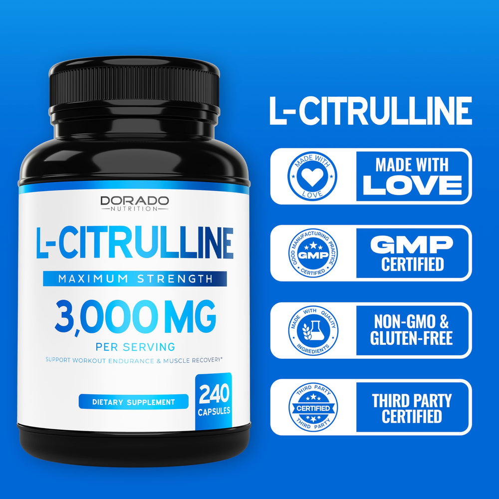 Packaging shows third-party testing seal for trusted Dorado Nutrition L-Citrulline.