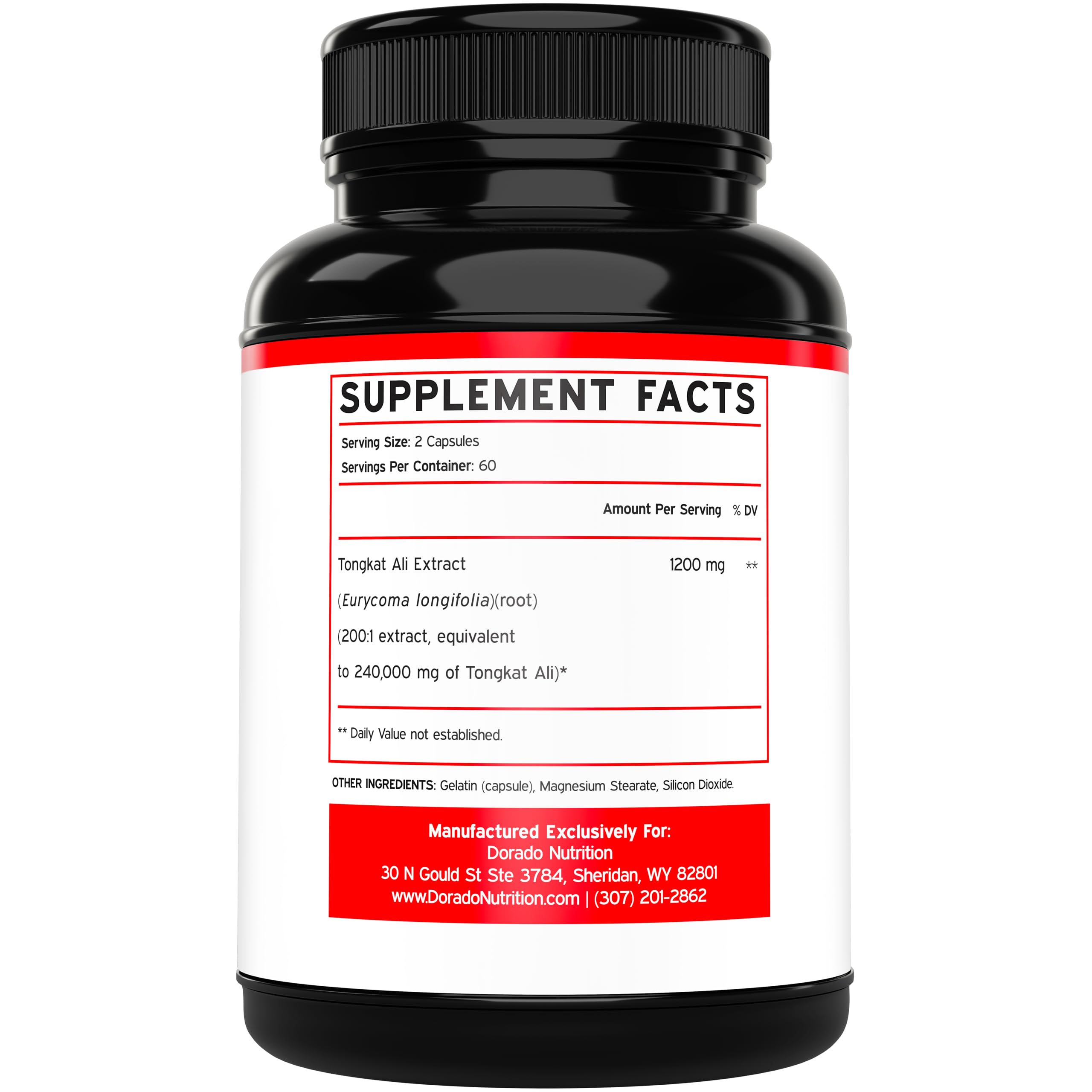 DORADO NUTRITION Tongkat Ali 200:1 extract label showing potency and purity