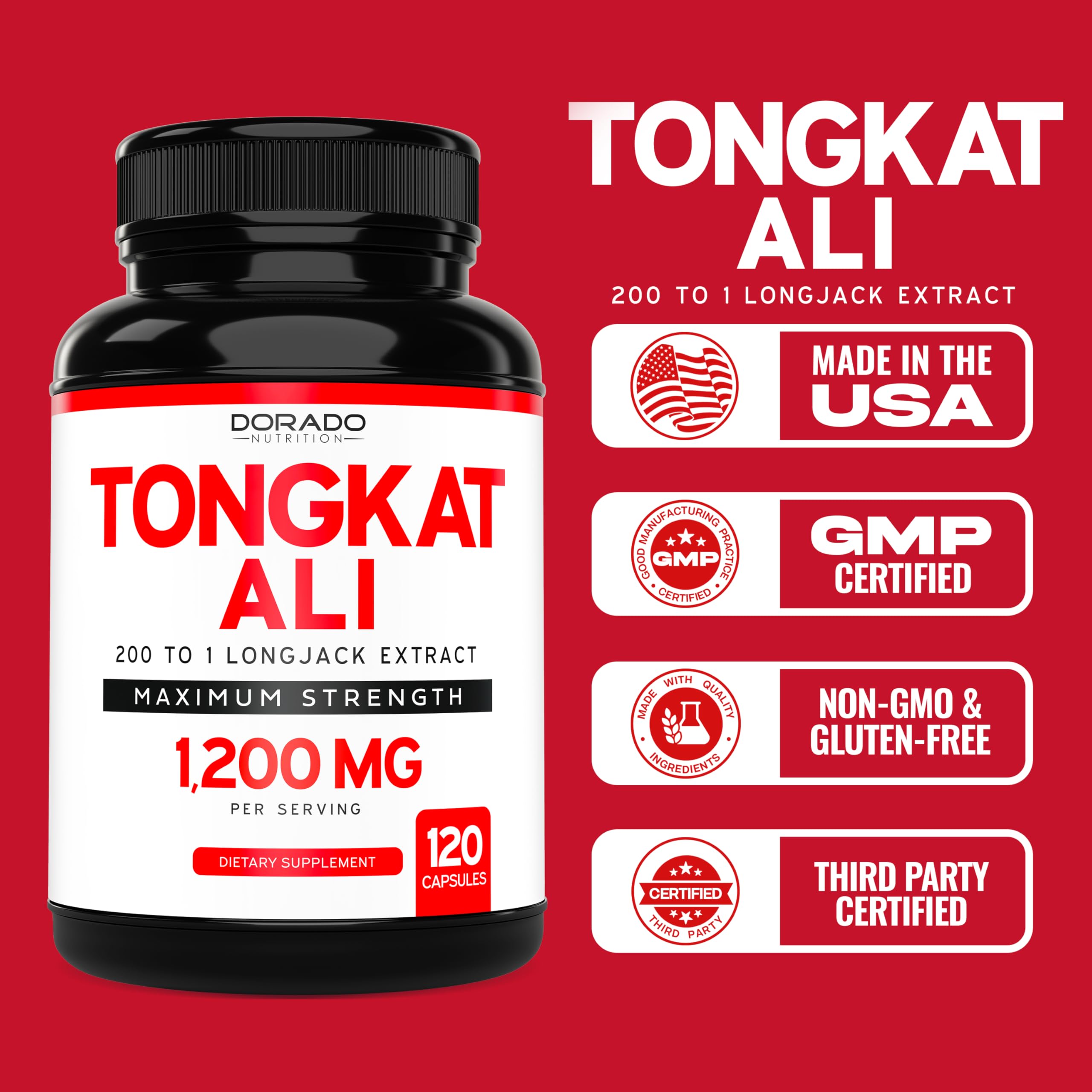 DORADO NUTRITION Tongkat Ali packaging emphasizing gluten-free and non-GMO quality