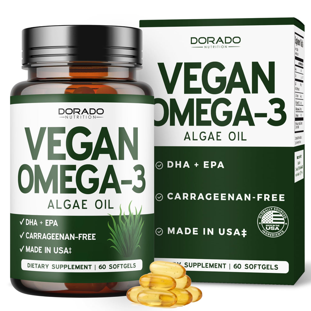 Dorado Nutrition Vegan Omega-3 algae oil bottle front view for a plant-based heart-healthy option
