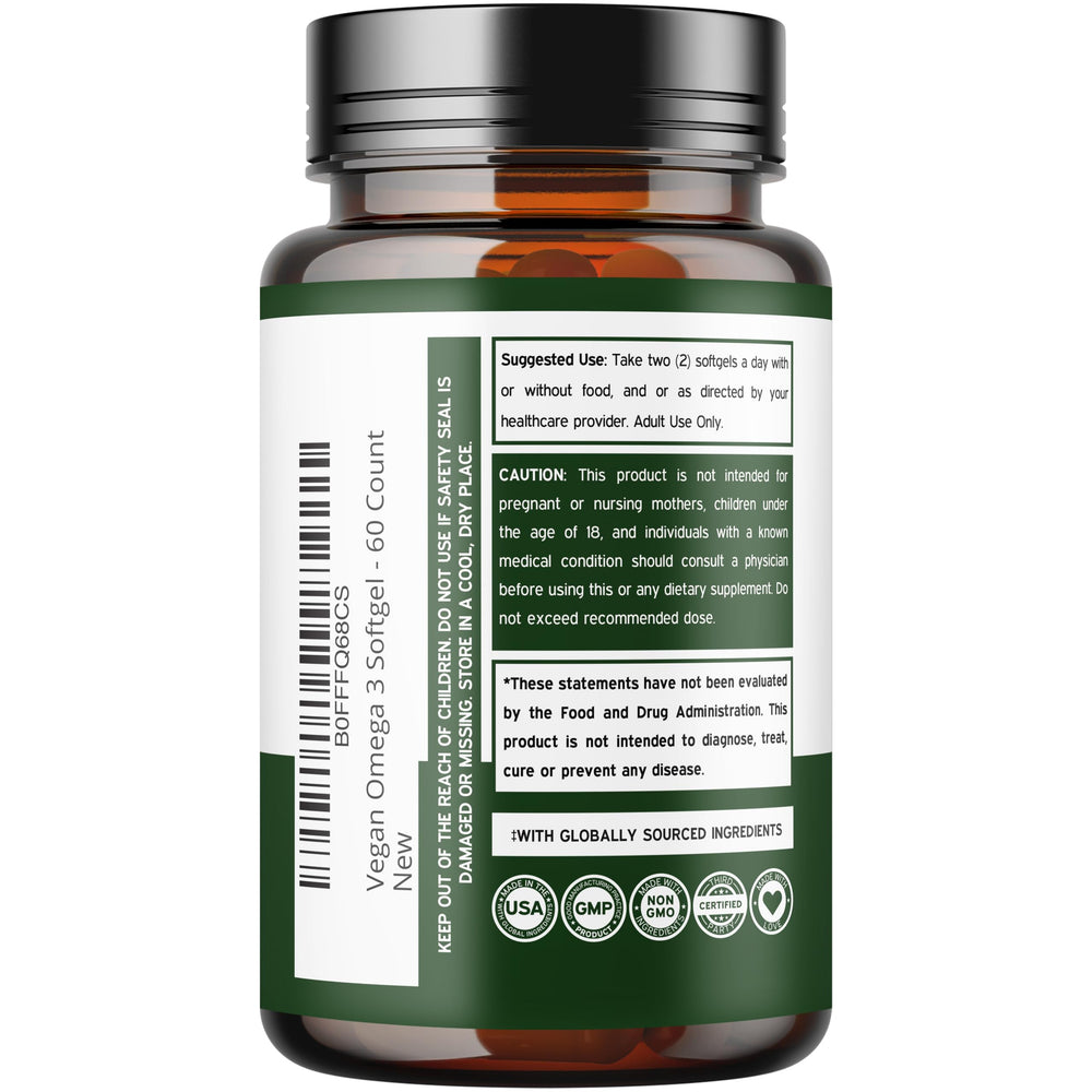 Dorado Nutrition algae oil label close-up highlighting USA-made, non-GMO formulation