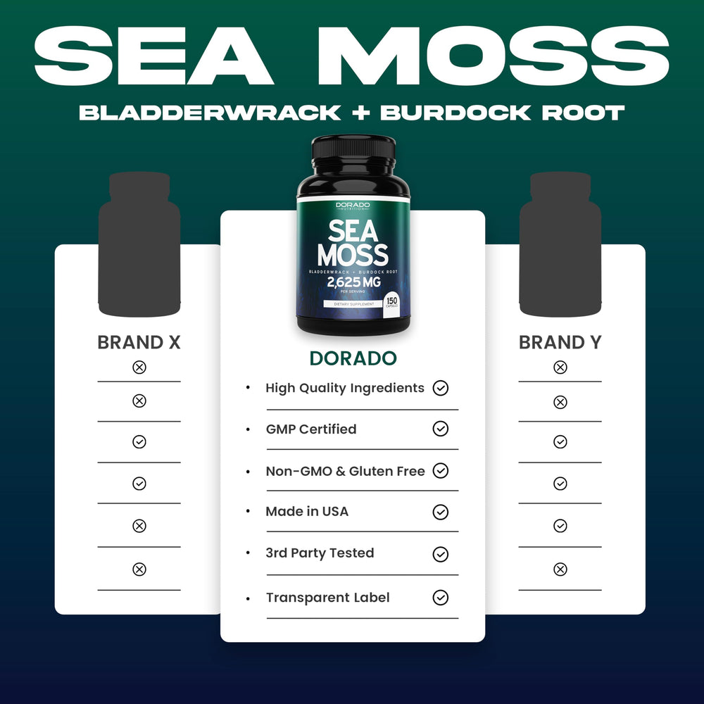 Dorado Nutrition vegan sea moss capsules packaging emphasizing USA-made quality.