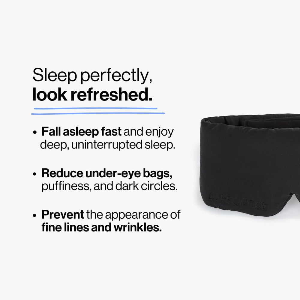 Dore & Rose silk eye mask highlights light-blocking design for a darkened sleep.