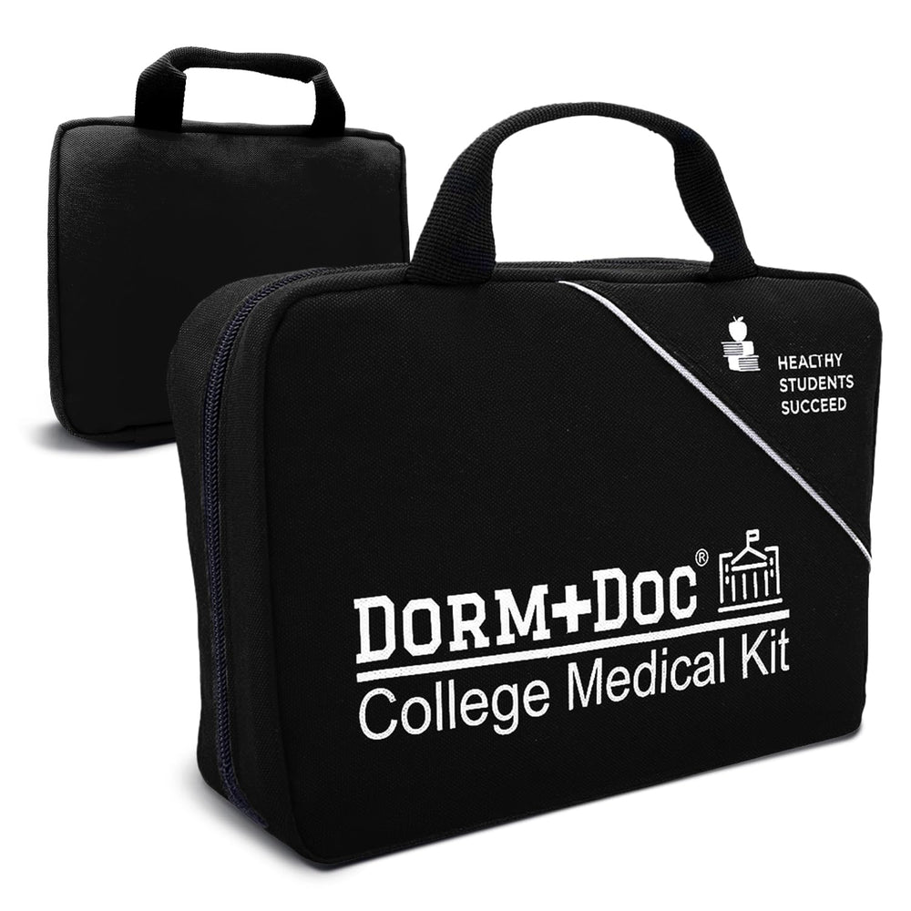 DormDoc 175-piece first aid kit in a dorm setting for campus care