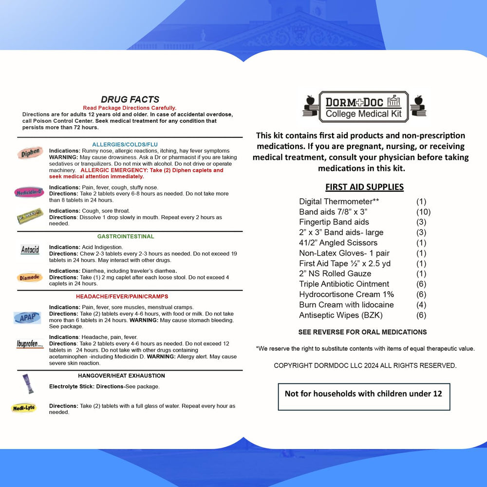 DormDoc emergency kit usable at home, car, and school