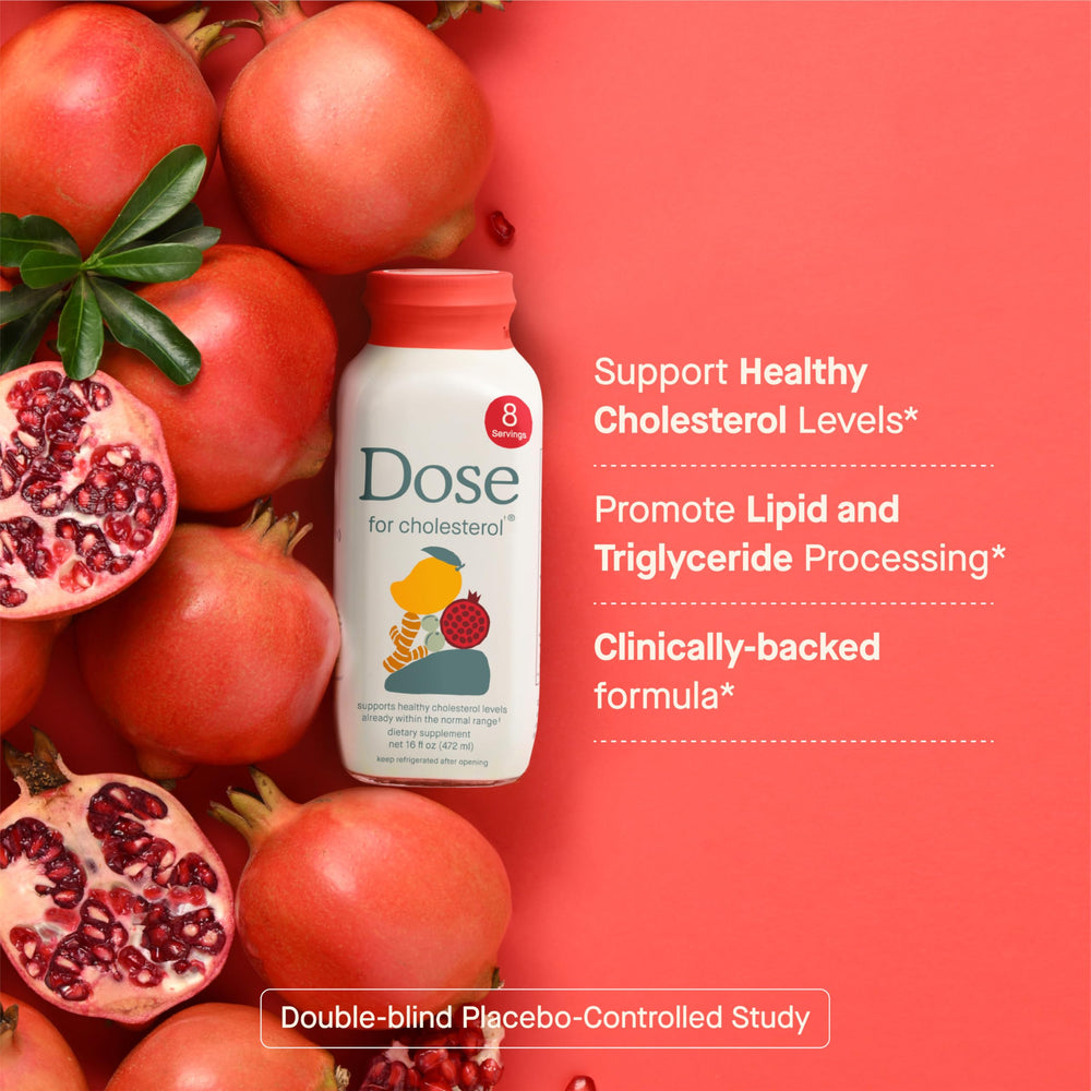 DOSE cholesterol bottle front view highlights vegan gluten-free packaging