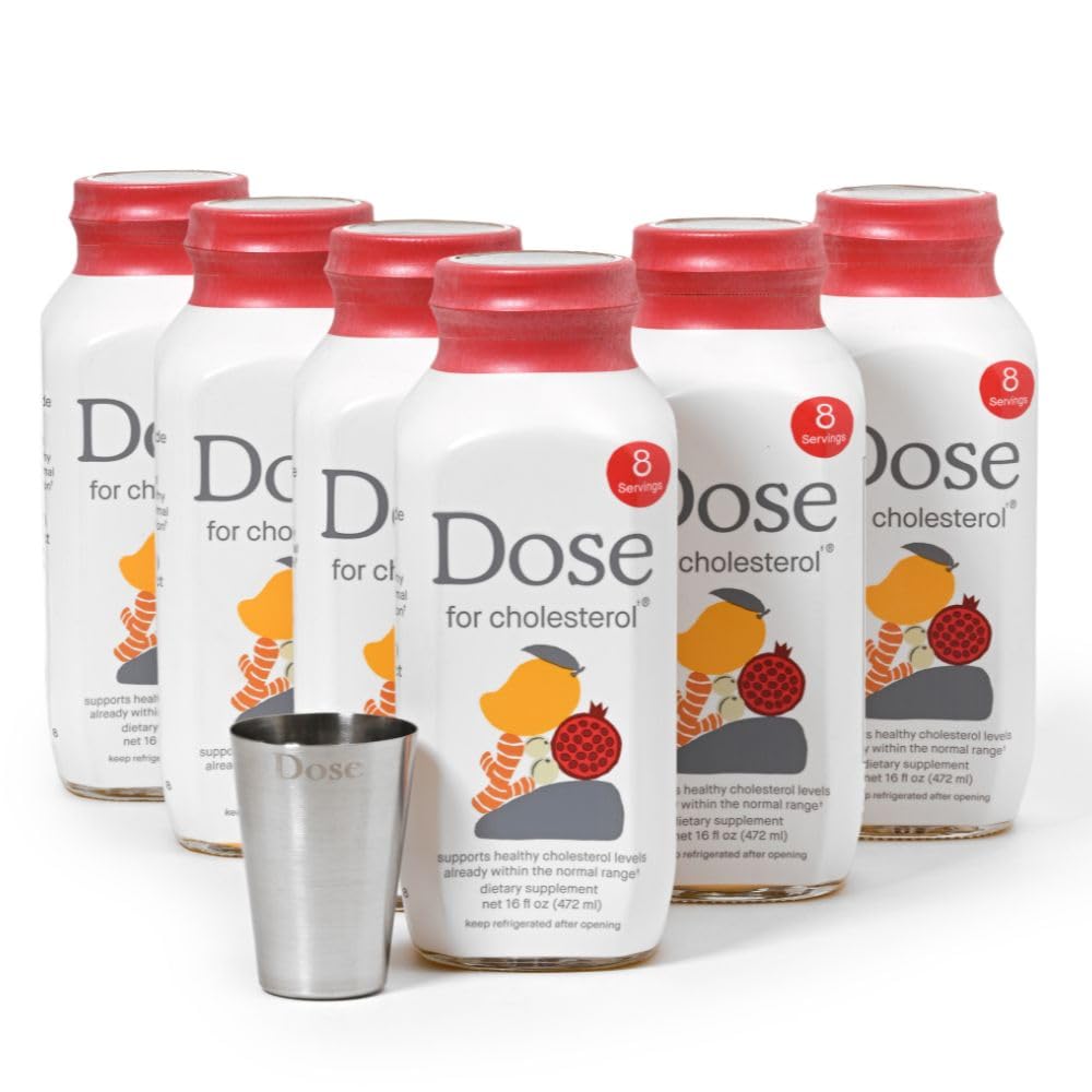DOSE cholesterol bottle pour shows convenient 2oz daily serving