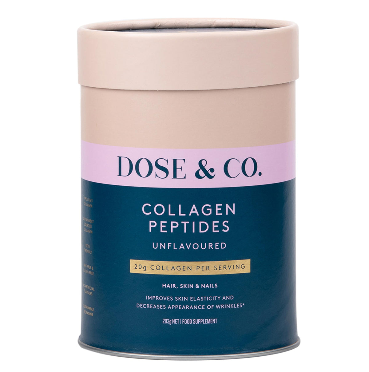 DOSE & CO. Pure Collagen bottle on counter for daily beauty routine