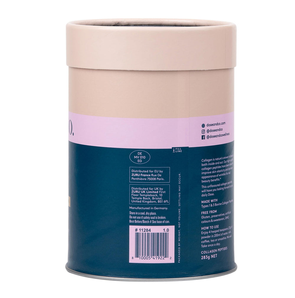 DOSE & CO. Pure Collagen unflavored scoop beside measuring spoon