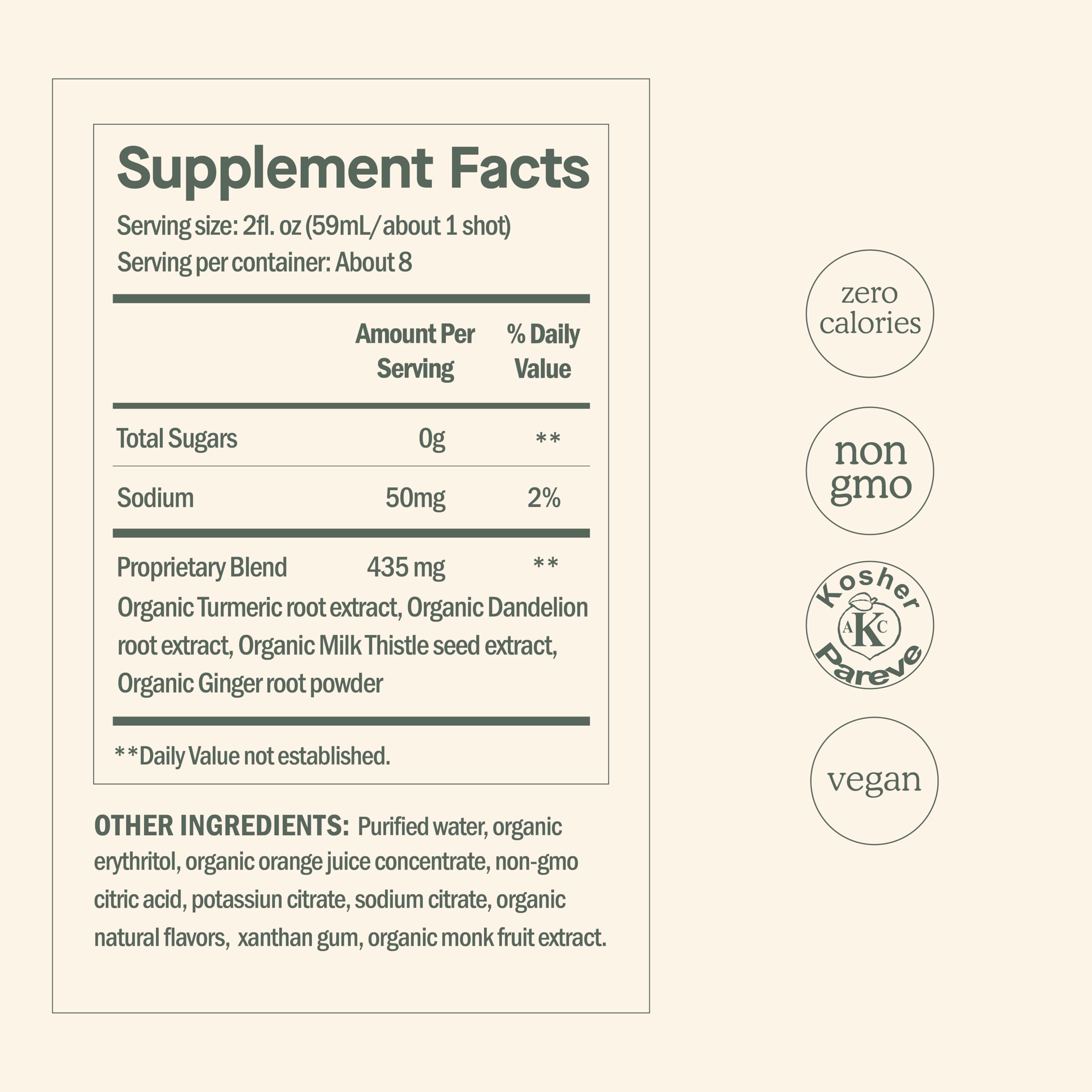 DOSE organic ingredients panel highlighting milk thistle, turmeric, ginger, and orange for daily wellness.