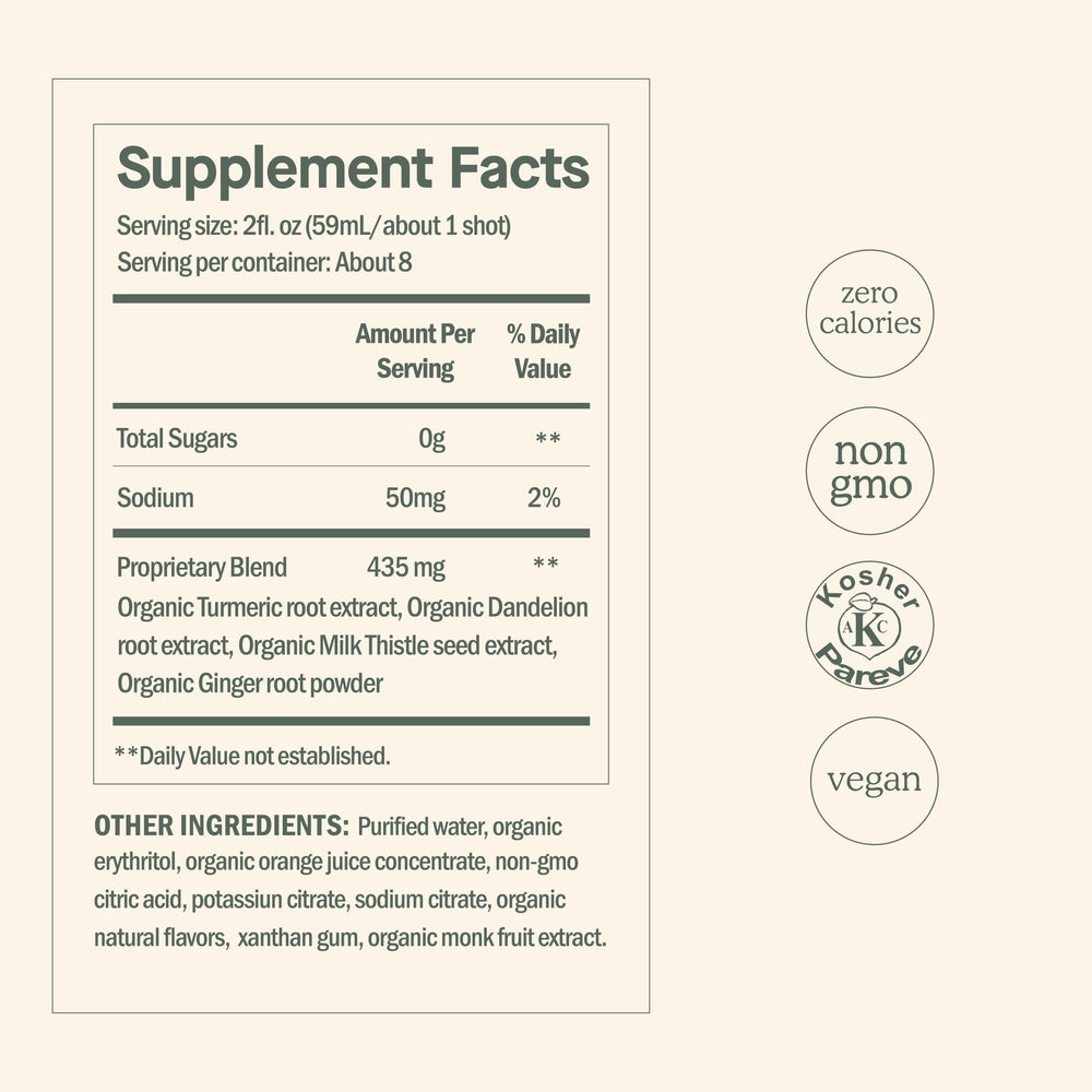 DOSE organic ingredients panel highlighting milk thistle, turmeric, ginger, and orange for daily wellness.