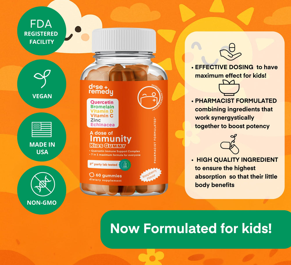 Dose + Remedy Immunity Kids Quercetin bottle label highlights vegan, non-GMO, gluten-free formula.