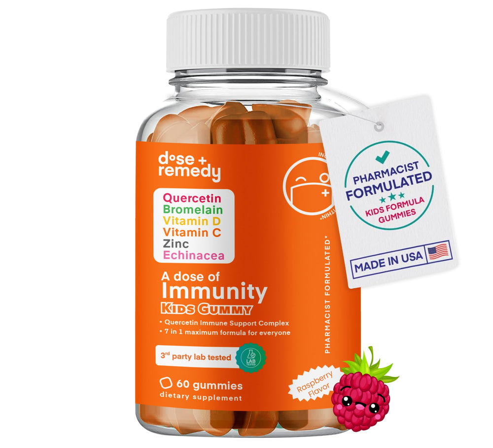 Dose + Remedy Immunity Kids Quercetin bottle supports daily wellness.