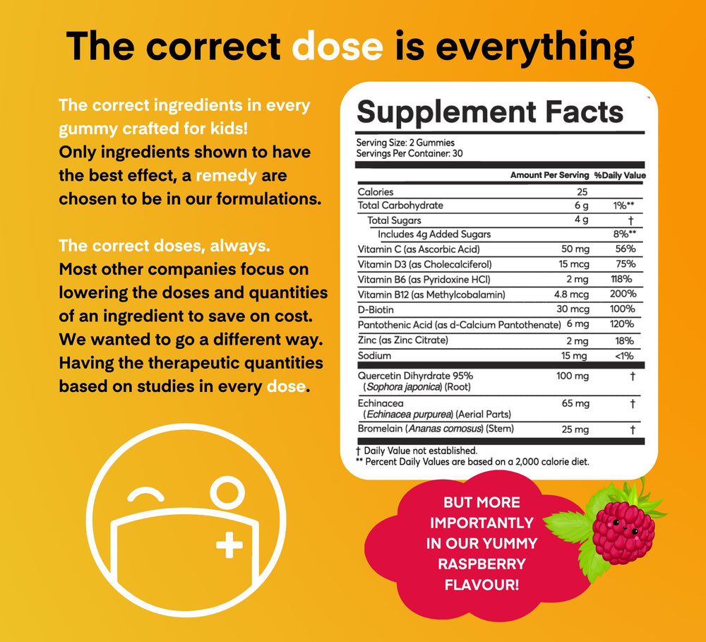 Dose + Remedy Immunity Kids Quercetin ingredients panel highlights nutrients.