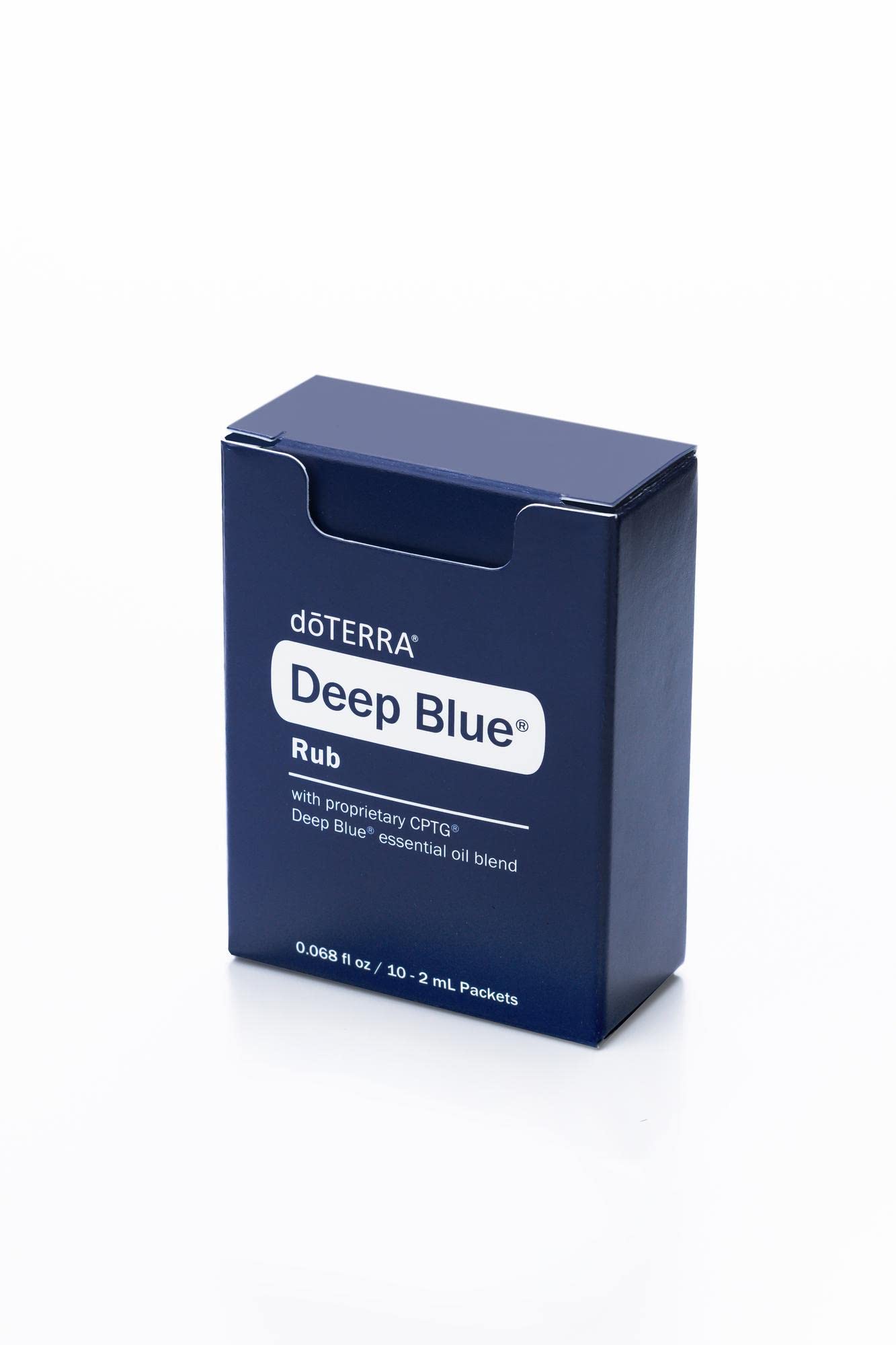 Side view of Deep Blue rub packaging, showing compact, travel-friendly design.