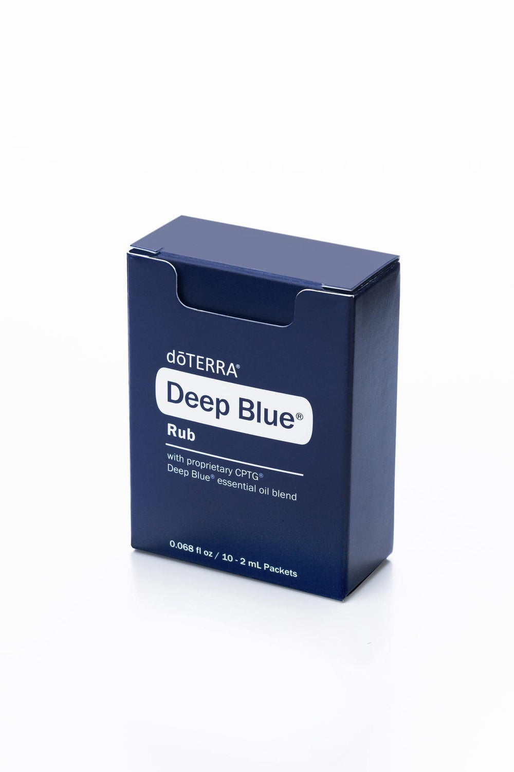 Side view of Deep Blue rub packaging, showing compact, travel-friendly design.