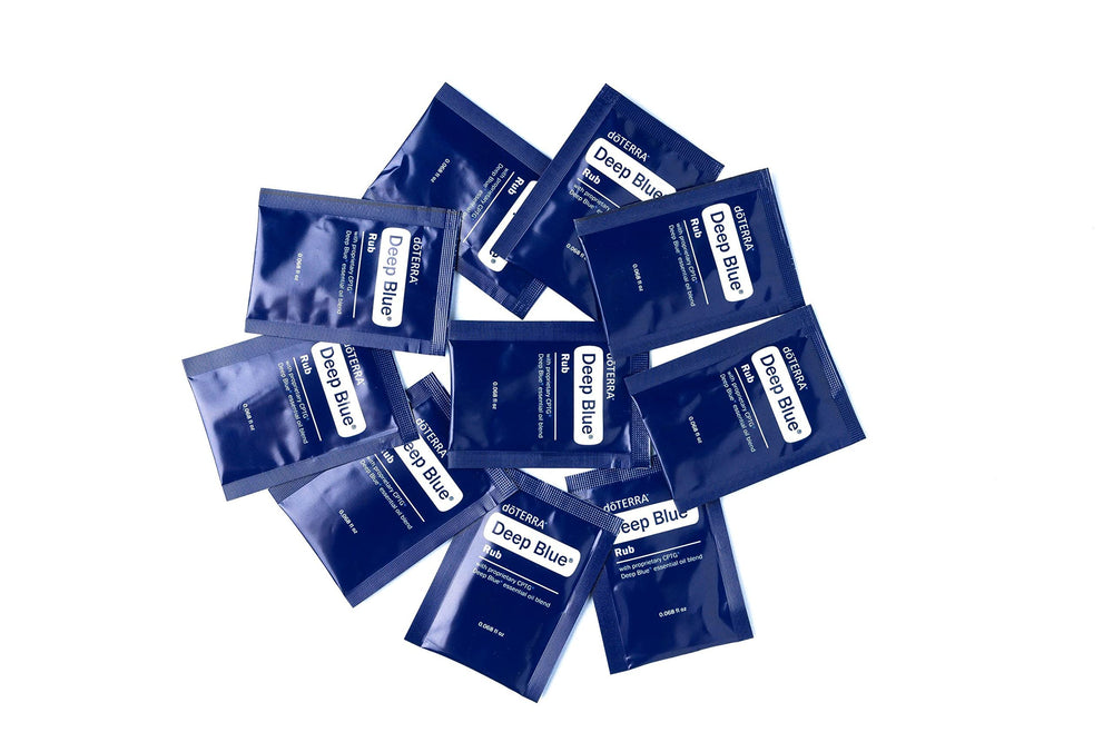 doTERRA Deep Blue rub sample pack front view offers portable relief for tired muscles.