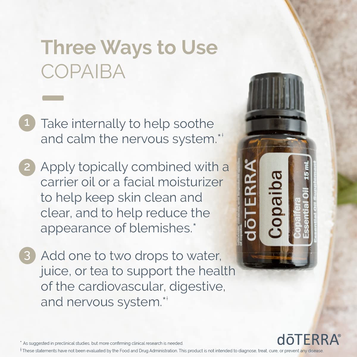 doTERRA Copaiba oil being poured for gentle skin nourishment.