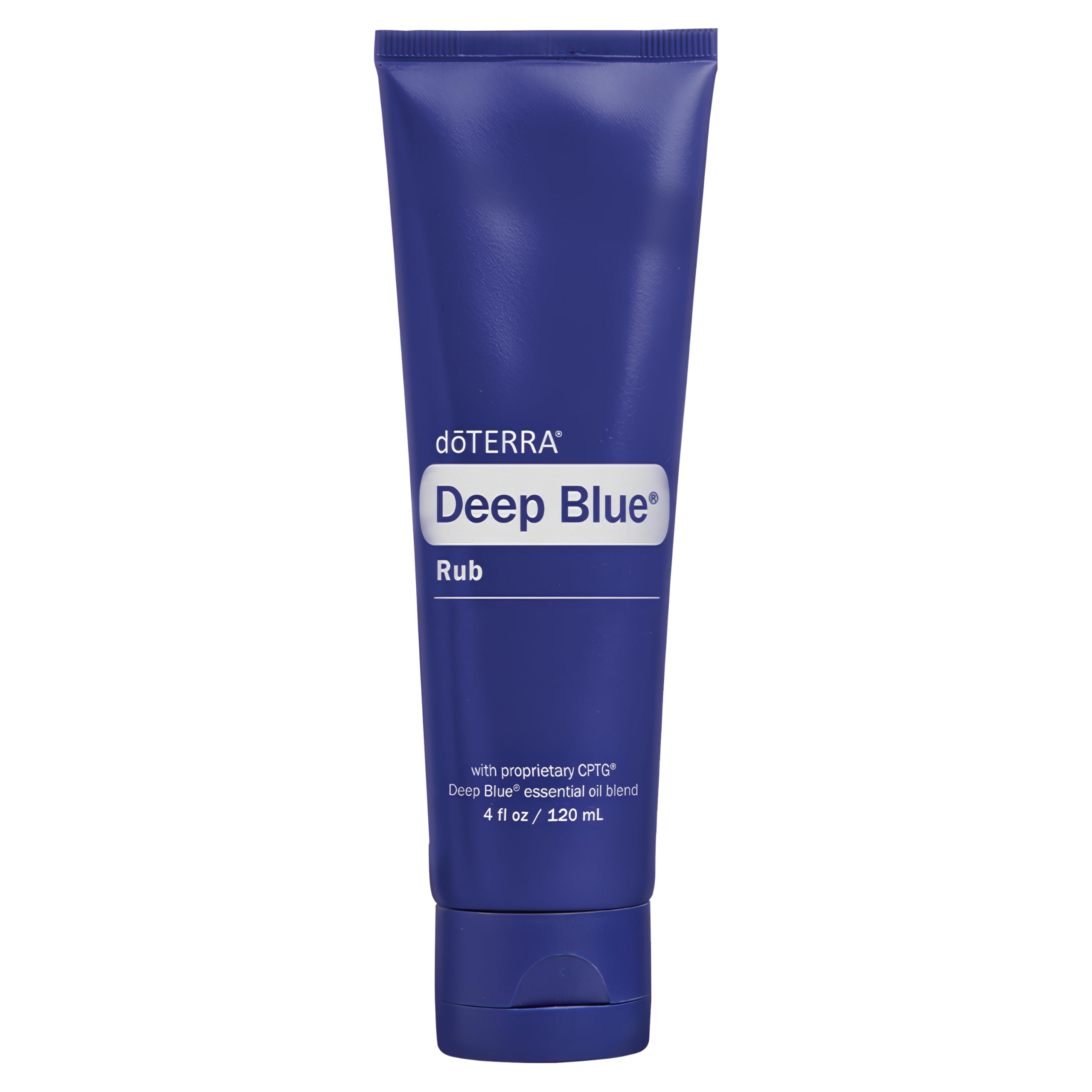 doTERRA Deep Blue Rub bottle close-up showing cooling, quick-absorbing relief