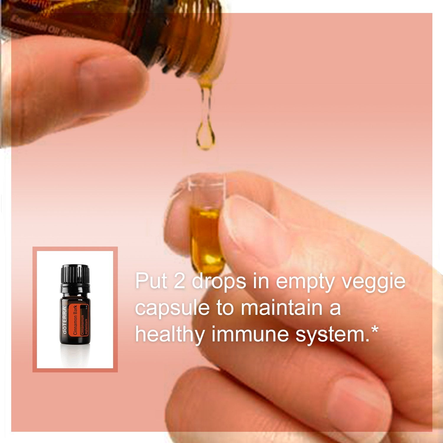 doTERRA Cinnamon essential oil bottle with droplet near label for easy use